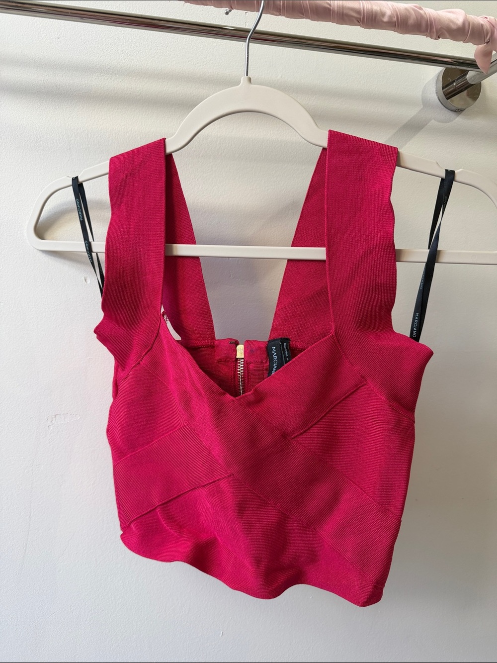 Marciano Fuchsia Structured V-Neck Crop Top